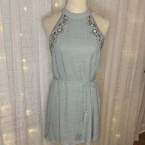 Wander Sky Blue Embroidered Halter Midi Dress